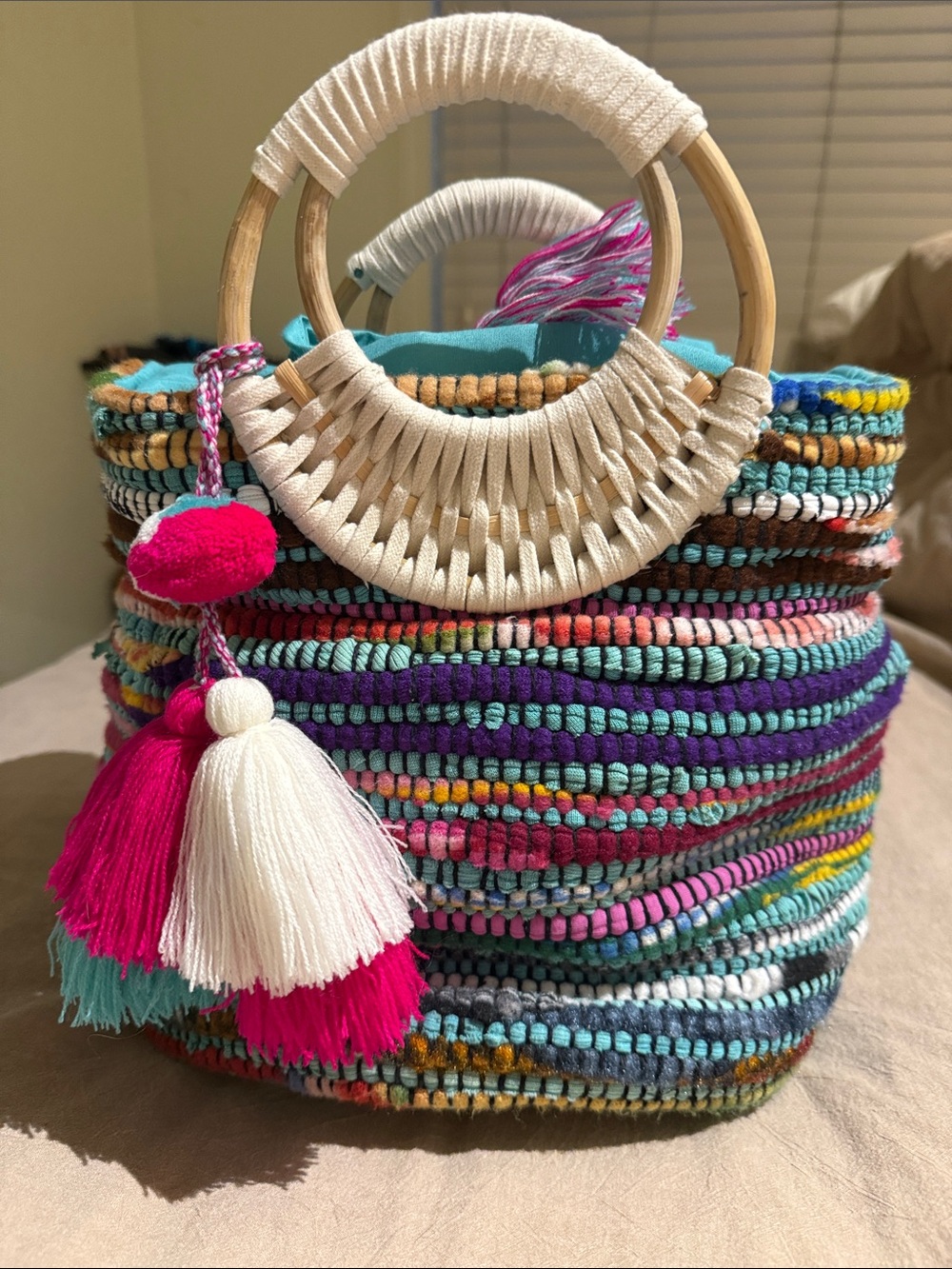 Colorful Multistripe Woven Tote with Pink & White Tassels